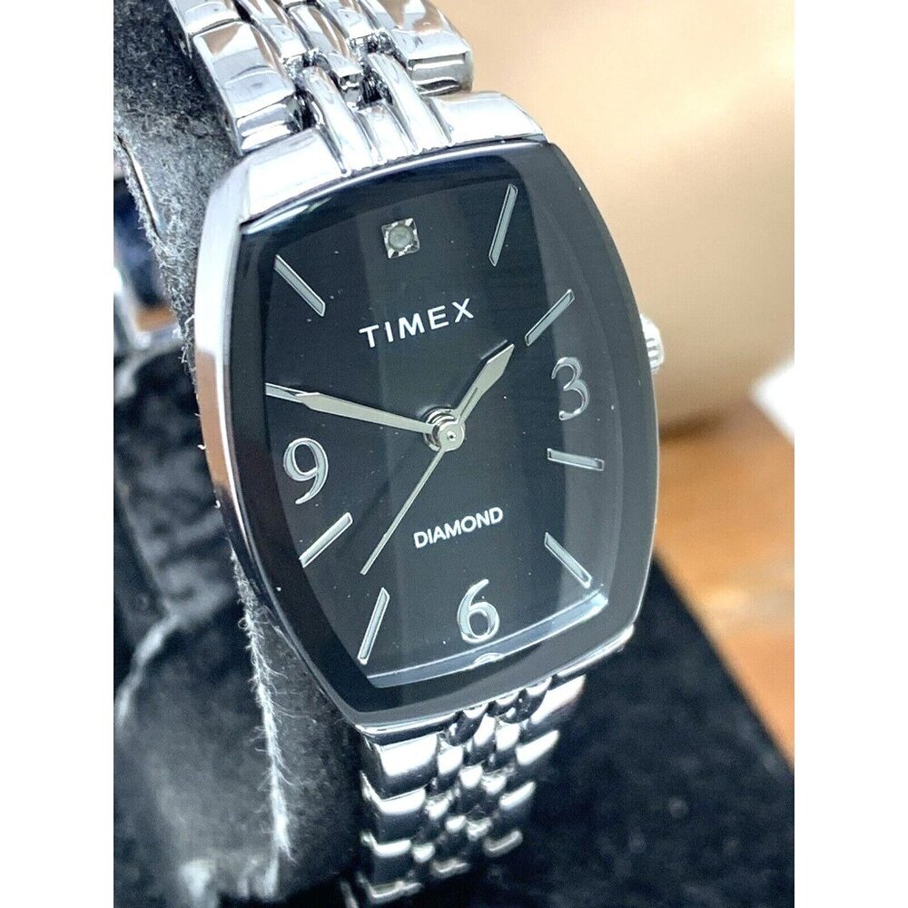 Timex Womens Watch TW2T50000 Quartz Diamond Silver Dial Rectangle Steel 21mm